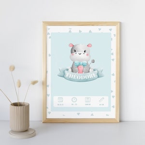 Póster de nacimiento personalizado - "Modelo animal con cinta de niño" - Póster de recuerdo de nacimiento de bebé/niño