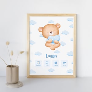 Póster de nacimiento personalizado - “Ourson Boy Model” - Póster de recuerdo del nacimiento del bebé/niño