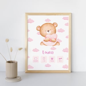 Póster de nacimiento personalizado - “Ourson Girl Model” - Póster de recuerdo del nacimiento del bebé/niño