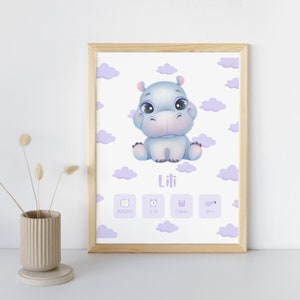 Póster de nacimiento personalizado - “Modelo Hipopótamo Púrpura” - Póster de recuerdo de nacimiento de bebé/niño