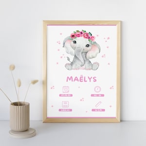 Personalisiertes Geburtsposter – „Mädchen/Junge Elefantenmodell“ – Erinnerungsposter zur Geburt eines Babys/Kindes