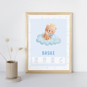 Póster de nacimiento personalizado - “Modelo de animales con niño nube” - Póster de recuerdo de nacimiento de bebé/niño