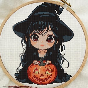 Halloween Design for Cross Stitch - Cute Witch with Pumpkin
