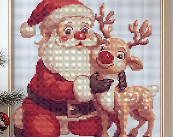 Santa and His Holiday Deer. Christmas Design for Cross Stitch