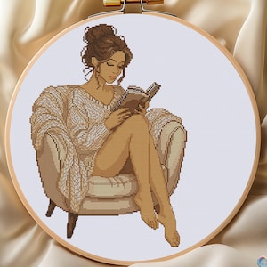 Cozy Reading Time. Woman Design for Cross Stitch