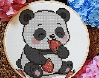 Panda Morango. Desenho fácil para ponto cruz