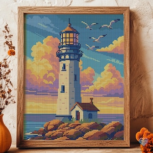 Lighthouse at Sunset Coast. Landscape Design for Cross Stitch