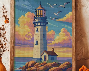 May include: A white lighthouse with a blue roof stands on a rocky shore. The lighthouse has a small house attached to it. The sky is a vibrant blue with fluffy white clouds and a few seagulls flying overhead. The water is a deep blue and the rocks are a mix of brown and gray.
