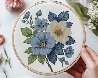 Blue Blossom Harmony. Desenho de flores para ponto de cruz