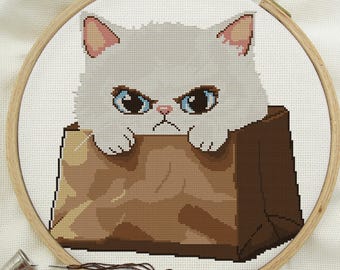 Grumpy Cat in a Bag. Animal Design for Cross Stitch
