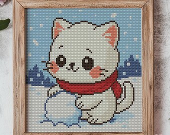 Gatinho de inverno. Desenho natalício para ponto cruz