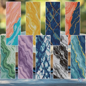 May include: A collection of cross-stitch bookmarks with abstract designs. Each bookmark features a unique color palette, including shades of pink, blue, yellow, green, and purple. The patterns resemble flowing lines and marbled textures, offering a variety of visual styles.
