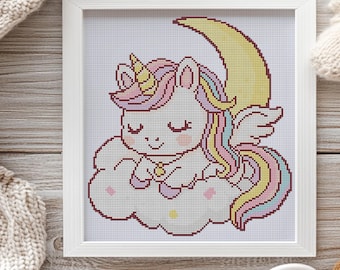 Unicórnio adormecido na lua. Desenho de fantasia para ponto de cruz