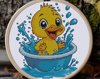 Banho do Patinho Alegre. Desenho de pássaro para ponto cruz