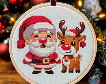 Santa and His Reindeer. Christmas Design for Cross Stitch