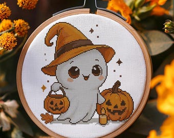 Desenho de Halloween para ponto cruz: Fantasma fofo com lanterna de abóbora