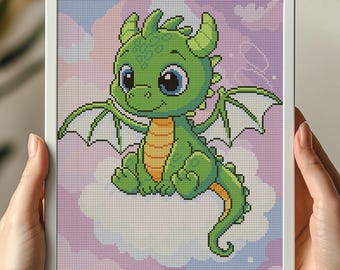 Dragão bebé numa nuvem. Desenho de fantasia para ponto de cruz