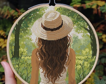 Rapariga com chapéu de verão. Desenho de mulher para ponto de cruz