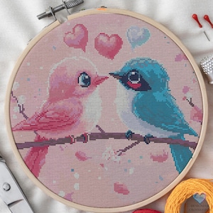 Lovebirds on a Branch. Bird Design for Cross Stitch