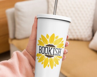 Bookish Tumbler with Straw with Sunflower Design for Bookworms