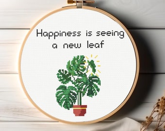 Monstera Plant Cross Stitch Pattern: Happiness Quote (PDF Download)
