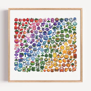 May include: A framed cross-stitch artwork featuring a vibrant array of pixelated food and objects arranged in a rainbow gradient. The artwork includes fruits, vegetables, and other items, all rendered in a colorful, detailed pattern.