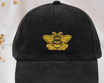 Gorra vintage de pana con abeja bordada, moderna gorra de abejorro, gorra de papá inspirada en la naturaleza, gorra de béisbol minimalista con abeja amarilla, regalo para amantes de la jardinería.