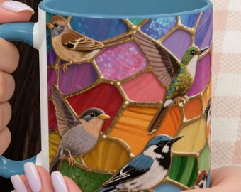 Taza de pájaros de vitral, regalo para observadores de aves, taza para amantes de la vida silvestre, taza estilo cottagecore, taza única con arte de aves, regalo para amantes de las aves,