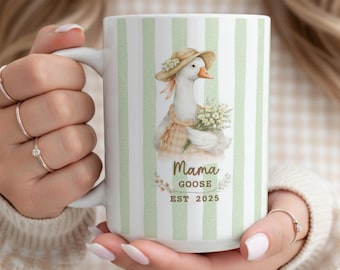 Taza personalizada para mamá ganso, taza para papá ganso, regalo para mamá primeriza, taza para el año de la madre, regalo para el día de la madre, taza de ganso de granja, taza de café a rayas