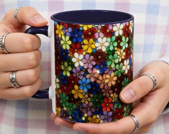 Taza de café con diseño floral colorido, taza de mosaico con flores vibrantes, regalo para ella, taza estilo cottagecore, regalo para mamá, decoración floral primaveral