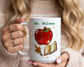 Taza personalizada para profesores, taza de café con diseño de Apple Book en vidriera, regalo de agradecimiento de fin de año para profesores, nunca olvides la diferencia que marcas.