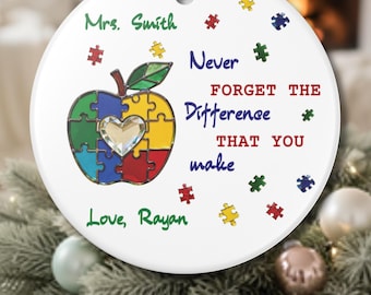 Adorno de cerámica con forma de manzana y vitral personalizado para maestros de autismo: «Nunca olvides la diferencia que marcas», recuerdo para maestros de educación especial.