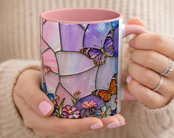Taza de mariposa de vidrio coloreado, taza de café floral, decoración de jardín de primavera, taza de flores silvestres
