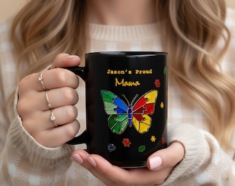 Taza de vitral personalizada para mamás con autismo, taza con nombre personalizado "Mamá orgullosa", regalo para concienciar sobre el autismo, taza de mariposa rompecabezas, regalo para mamás con necesidades especiales