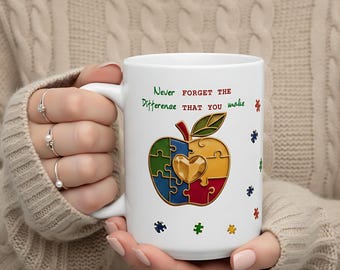 Taza personalizada para profesores de autismo, taza de café con diseño de manzana estilo vidriera, regalo para profesores de educación especial, regalo de fin de año para profesores.