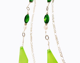 Lime Green Earrings | Shoulder Duster Earrings with Silver Chains | Dressy or Casual | Cultured Freshwater Pearls 6 Inch Length 627a027