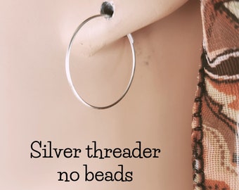 Beaded Huggie Threader Earrings | 20mm Silver Infinity Closure | Your Choice Plain Hoops or Beaded with Gemstones | Earlobes or Cartilage