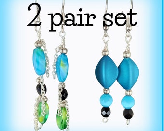 Chain Earrings | Hand Blown Glass Beads | Turquoise and Green Dangle Drop | Dressy and Casual | Blue Cat's Eye Beads | 2 Pair Set 627a023