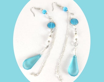 Turquoise Blue Earrings | Shoulder Duster Beaded Earrings | Dressy Elegant | Genuine Cultured Freshwater Pearls | 6 Inch Length 627a026