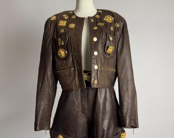 1980s Vintage Leather Set – Baroque Gold Studded Jacket & Shorts