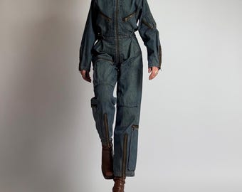 Vintage Plein Sud Jeans-Overall | 90er-Jahre Y2K Utility-Fliegeranzug mit mehreren Reißverschlüssen, avantgardistische Arbeitskleidung