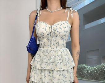 Floral Mini Dress, Bohemian Spaghetti Strap Sleeveless Bodycon, A-Line Dress, Short Swing Dress, Clubwear, Y2K Cute Summer Outfit