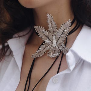 Handmade Silver Orchid Flower Beaded Necklace | Adjustable Choker Lariat | Glass & Seed Beads Jewelry | Fairycore Gift Accessory