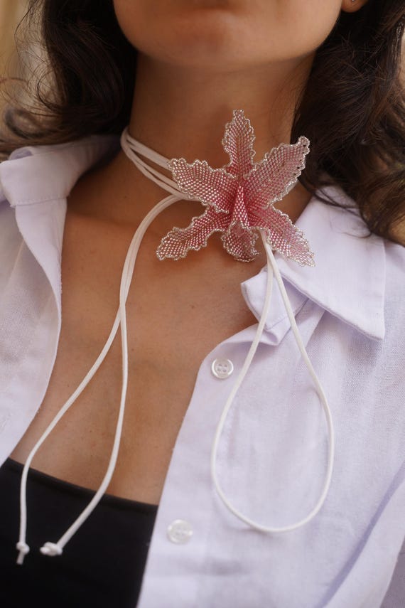 Pink Orchid Beaded Necklace | Handmade Flower Lariat | Adjustable Choker Wrap | Seed Bead Jewelry Gift