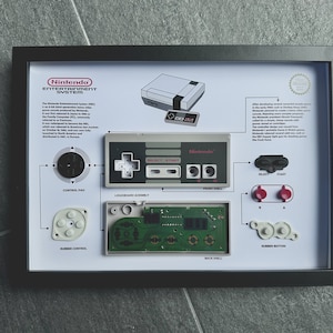 May include: Framed diagram of a Nintendo Entertainment System (NES) controller, with labelled parts like the control pad, rubber buttons, and logicboard assembly. The image includes a diagram of the NES console and text describing its history.
