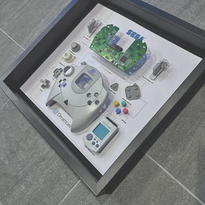 Könnte beinhalten: Eine gerahmte Darstellung einer Sega Dreamcast Konsole und eines Controllers. Die Darstellung enthält die Hauptplatine der Konsole, Controller-Tasten und eine VMU-Speicherkarte. Der Text "Sega Dreamcast" ist auf der Darstellung gedruckt.