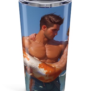 Merman Rescue 20oz Tumbler | Beach Fantasy Merman Art | Hot & Cold Drink Cup | Orca | Koi | Green | Spot | LGBTQ+ Pride Gift
