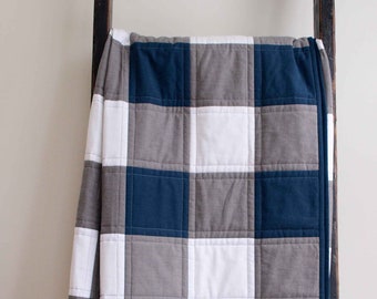 Navy, White and Grey Buffalo Check, Plaid Organic Cotton Quilt; Rustic Patchwork Throw, Twin, Double Quilt; With Free Personalization