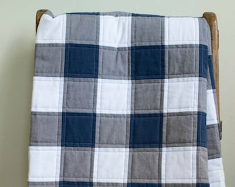 Buffalo Check, Plaid Organic Quilt; Navy, Gray, White Rustic Modern Patchwork Toddler, Throw Quilt; Custom Modern Baby or Wedding Quilt Gift