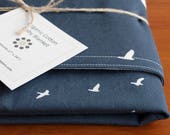 Navy Blue Organic Cotton Baby Blanket Modern Blue, Cream Receiving Blanket Personalized with Hand Embroidered Lettering Birds in Flight